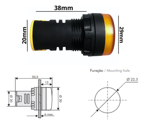 L20-ar1-y Sinaleiro Led 22mm - 110vcc/vca - Amarelo Metaltex