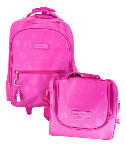 Mochila De Carrinho Feminina Bolsa Escolar Necessaire Lanche Cor Rosa-chiclete Desenho Do Tecido Liso