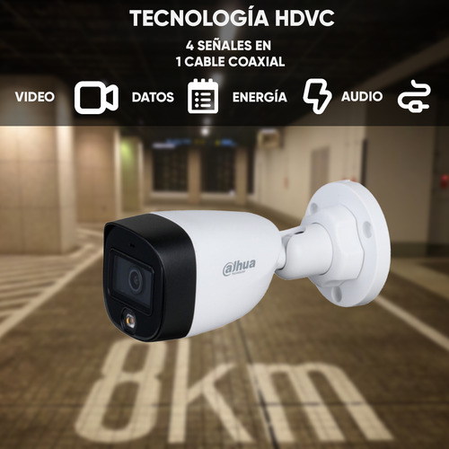Dahua Cámara Full Color HFW1239C(-A)-LED Resolución de 2Mp Protección Ip67 Ideal para Exterior Lente 3.6mm opcional 2.8mm Ir Inteligente 20mts Micrófono Para Cctv Color Blanco