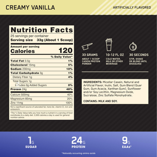 Optimum Nutrition Casein Vainilla 1.81 Lb Digestión Lenta