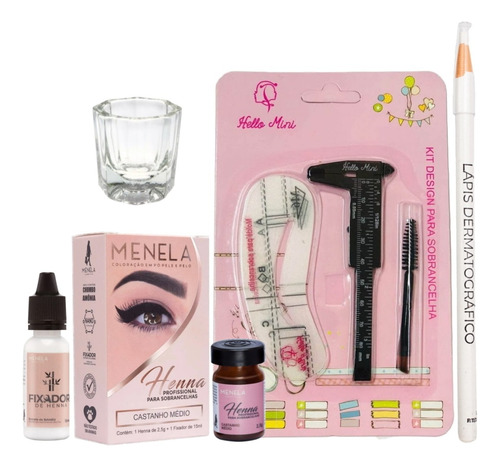 Henna Menela E Kit Designer Sobrancelha Lapis Pincel Dappen Cor Castanho Médio