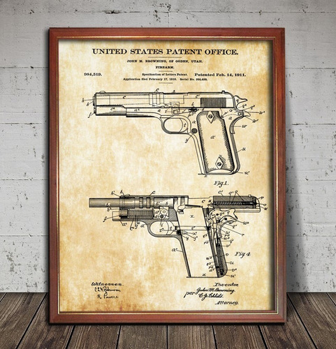 Patente Retro Pistola Colt 1911 Poster Enmarcado Para Colgar