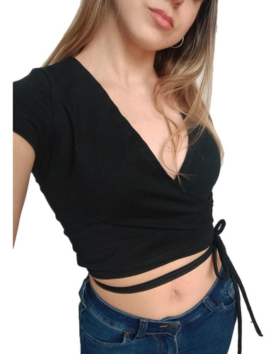 Crop Top Cruzado Escote En V Manga Corta Remera Verano Mujer