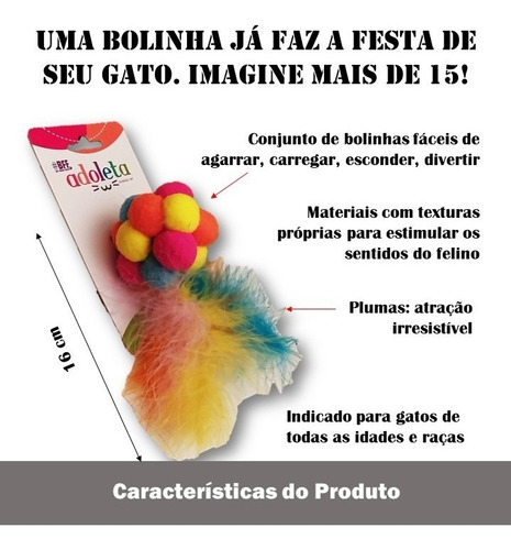Imagem 2 de 4 de Brinquedo Pet Gatos Pompom Colorido C/ Penas Neon