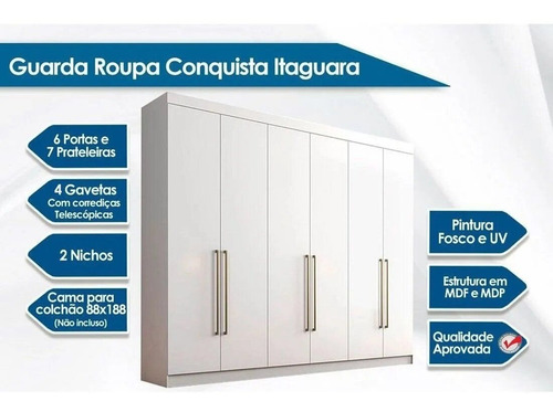 Imagem 4 de 6 de Guarda Roupa Itaguara 6 Portas 4 Gavetas - Branco