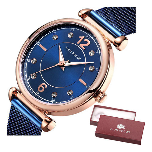 Reloj Luminoso De Diamantes A La Moda Mini Focus Para Mujer Color de la correa Azul