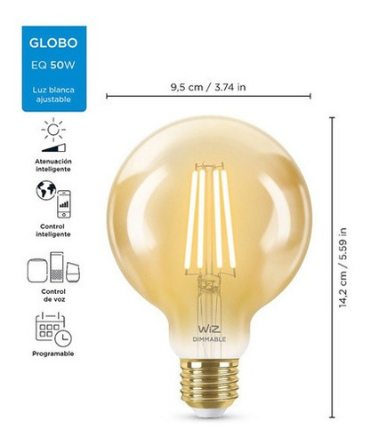 Imagen 8 de 9 de Foco Led Inteligente Wifi Wiz Filamento Globo 6.9w X2 Uds