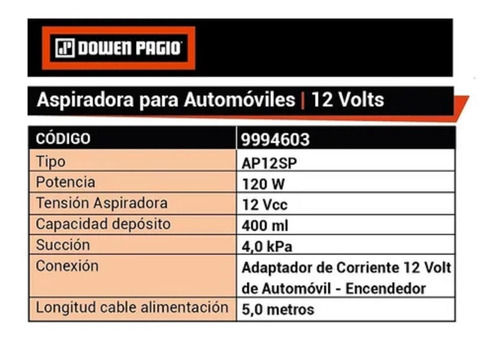 Imagen 4 de 7 de Aspiradora Para Auto 12v 120w Filtro Hepa Dowen 9994603