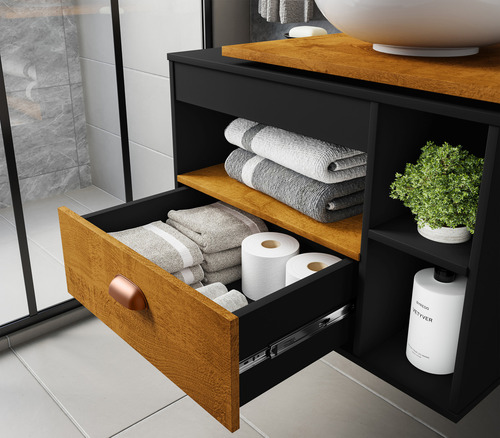 Neloja Conjunto Armario Para Banheiro Paris Kit Banheiro Com Cuba Gabinete Premium Moderno Suspenso Cor Preto/nature