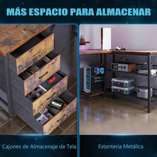 Escritorio Gamer Reversible Grande U Con Luz Led Y 4 Cajones Marrón