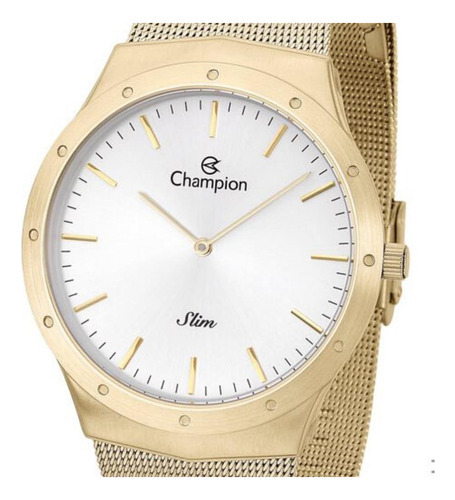 Relógio Feminino Dourado Champion Slim Fundo Prata