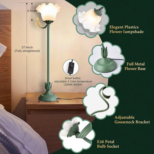 Bonita Lámpara De Mesa De Flores, Luz De Lectura Led, Lámpar