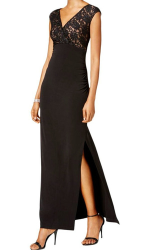 Vestido De Fiesta Elastizado Encaje Negro Tajo Xl Serenity