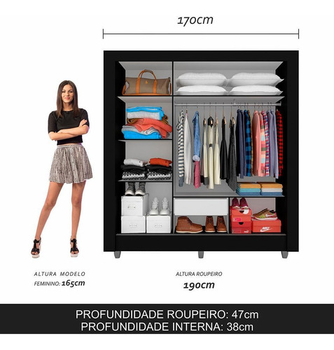 Guarda Roupa Casal C/espelho 3 Pts 1 Gav Alice Preto Cor Preto-fosco