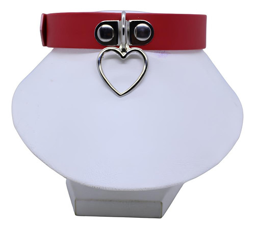 Choker Collar Rojo Cuero Sintetico Corazon Kawaii Argolla