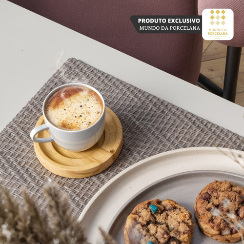 Jogo 6 Xicaras Porcelana Cafe Chá Com Pires Madeira 12 Peças