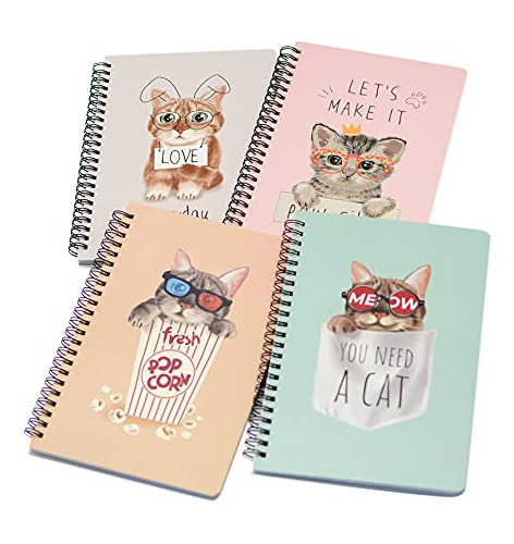 Yansanido Spiral Notebook, 4 Pcs A5 Thick Cat Design 5n2gt