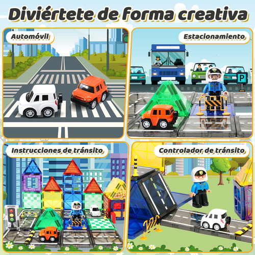 Juguetes Bloques Magnéticos Construcción Comunitaria Ciudad Ninos 70pzs, Juego de Imanes con Grúa Extensible, Coche, Semáforo, Stem Bloques Educativos Regalo de Navidad Niños Niñas 3+