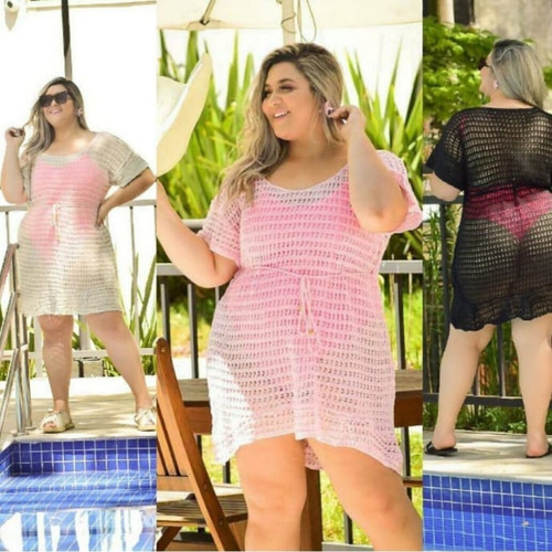 Imagem 6 de 8 de Saída De Praia Plus Size Vestido Tricô Preto Branco Verão