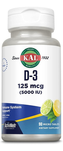 Kal | D-3 | 125mcg/5000 I.u | 90 Tablets | Lemon Lime