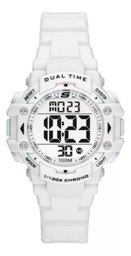 Reloj pulsera Skechers SR2111 de cuerpo color blanco, digital, fondo blanco, con correa de poliuretano color blanco, bisel color blanco y hebilla de gancho