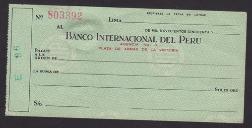 Cheque Banco Internacional Del Peru , Decada 50