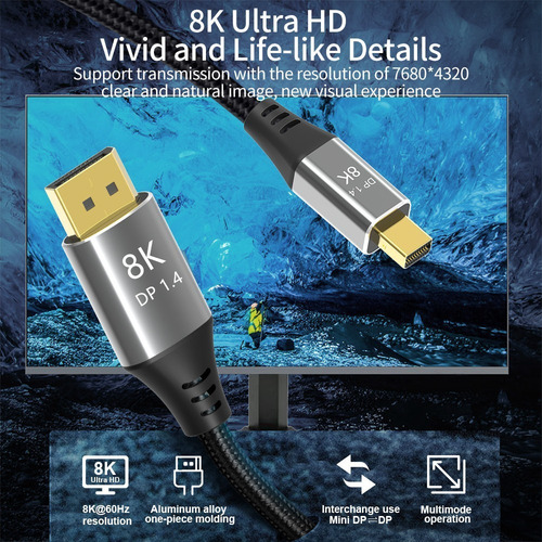 Imagem 7 de 8 de Cabo Thunder Displayport 8k Mini/displayport Adaptador 2mts