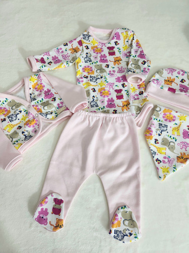 Ajuar Set 5 Piezas De Recien Nacido Interlock 100% Algodon Rosa 0-1 M