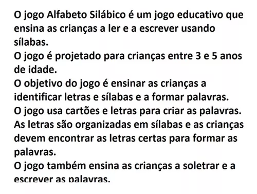 Jogo Educativo Alfabeto Silábico 156 pçs em MDF - Jottplay - Brinquedos E  Jogos Pedagógicos e Educativos