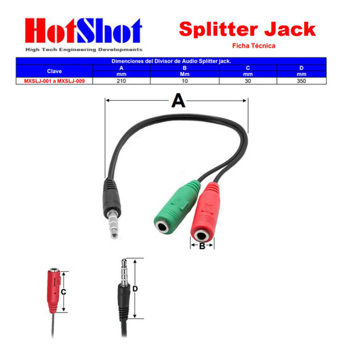 Splitter Cable Mini Plug, Mxslj-008, 20 Pzs, Jack 3.5mm, 2 H