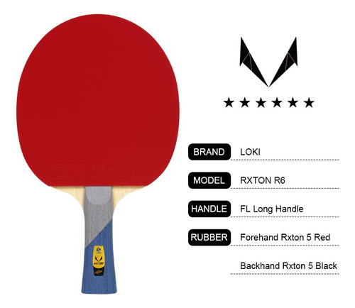 Paleta Tenis De Mesa Loki 6 Estrellas R6 Fibra Carbono Ittf Color Rojo Tipo de mango Tradicional