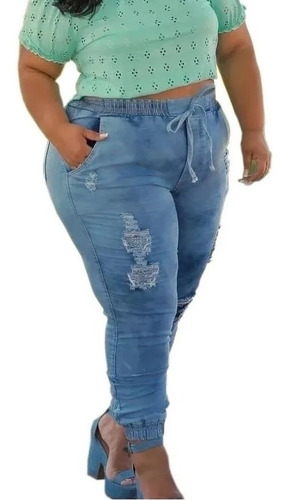 Imagem 4 de 7 de Calça Jeans Jogger Plus Size Moda Feminina Lycra Elastico Mc