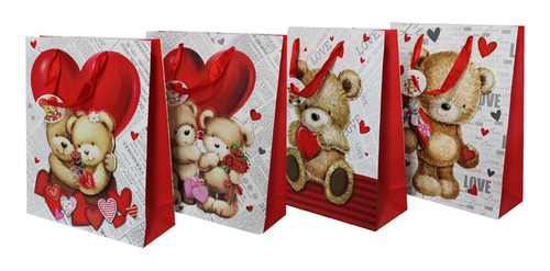 Imagem 1 de 3 de Sacolas Para Presentes Decoradas Kraft Ursinhos Amor Com 12