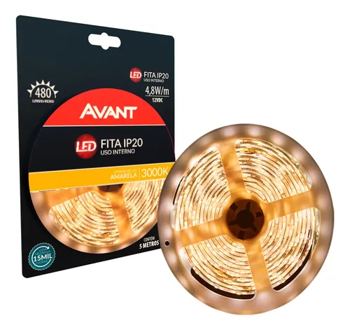 Fita Led Interna 4,8w 3000k Branco Quente 5 Metros 12v Ip20 60 Leds/m Cod: 192910534 Avant