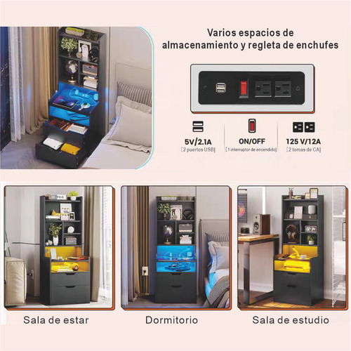 Mesita De Noche Vintage De Madera Con Enchufe Y Luz Led Negro