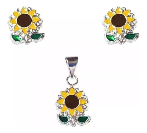 Set De Aretes Y Dije Mod Girasoles Esmalte Plata .925 Taxco