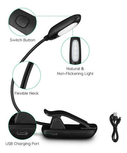 Luz Del Libro Recargable 7 Led,de Intensidad Regulable Luz
