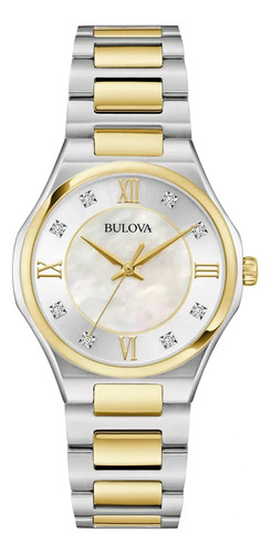 Reloj Bulova Mujer 98p232 Correa Bitono Plateado/Dorado Bisel Dorado Fondo Blanco Madre Perla