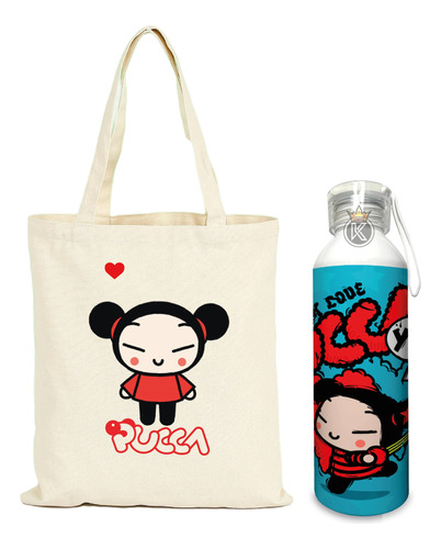 Tote Bag Pucca C + Botella En Aluminio 750ml - Estampaking