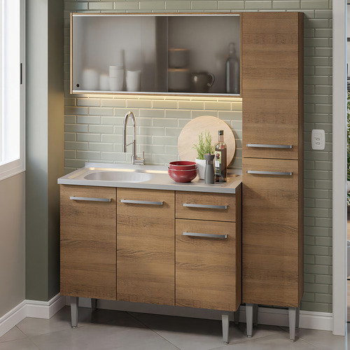 Armário Cozinha Compacta 137cm Com Pia Emilly Madesa R 07 Cor Rustic