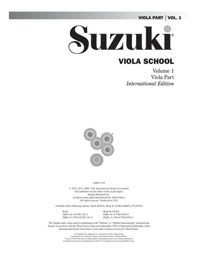 Suzuki Viola School, Viola Part Volume 1., De Shinichi Suzuki. International Edition, Vol. Volume 1. Editorial Alfred Publishing Co.inc, Tapa Blanda, Edición Cuarta Edición En Inglés, 2019