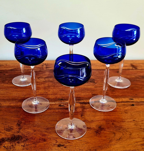 6 Copas Altas Antiguas Cristal De Baccarat Azul 