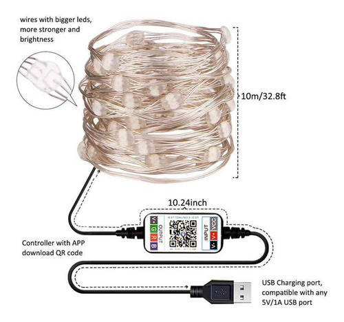 Rgb , Bluetooth App Controlado 100 Led Usb Fairy Light,