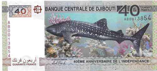 Billete Djibouti 40 Francos Año 2017 Tiburon Sin Circular