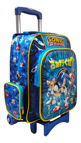 Mochila Con Carro Primaria Sega Sonic Tails Knuckles 3d Ruz Azul Metalizado