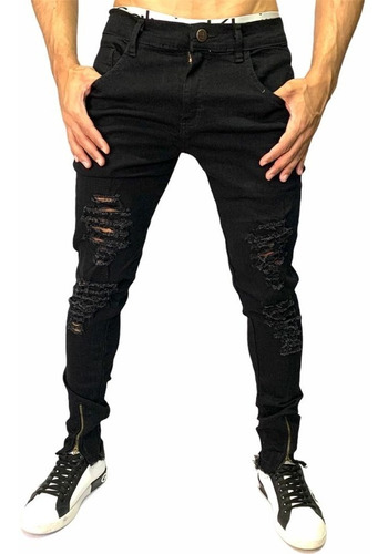 Calca Skinny Jeans Rasgada E Com Ziper Na Canela Tendencia