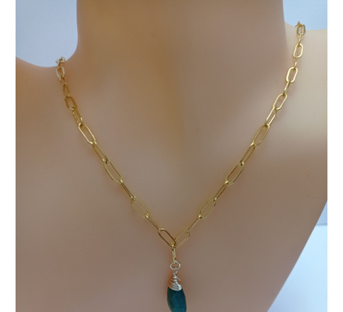 Collar Eslabones Baño Oro Con Piedra Gota Cuarzo Negro/verde