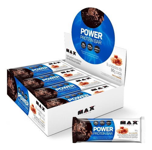 Whey Bar Power Protein 90g - Cx C/ 8 Unidades - Max Titanium Sabor Caramelo