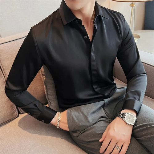 Camisa De Seda Para Hombre, Manga Larga, Casual, De Negocios