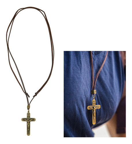Collar Cadena Cuero Crucifijo Cruz Hombre Mujer Jesucristo